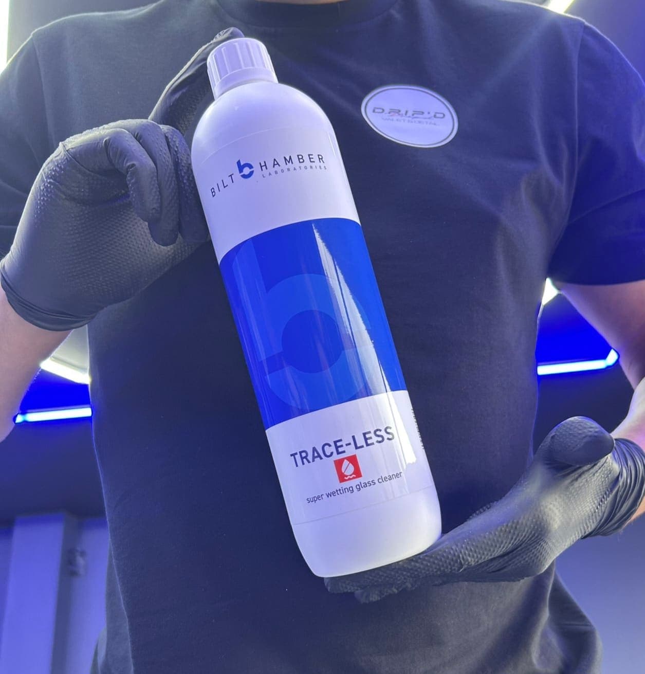 Bilt Hamber Trace-Less glass cleaner held in the DRIP'D wash bay